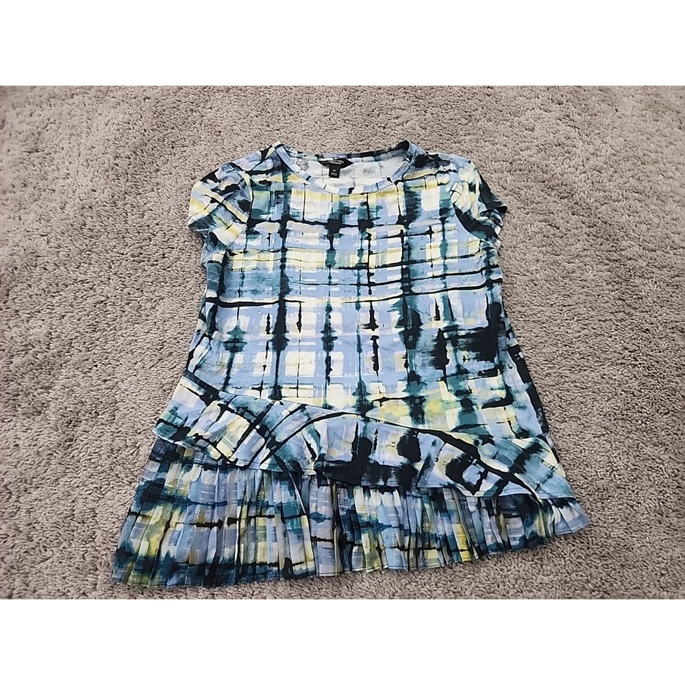 Simply Vera Vera Wang Tunic Top Womens M Blue Multi Plaid Pleated Ruffle Hem